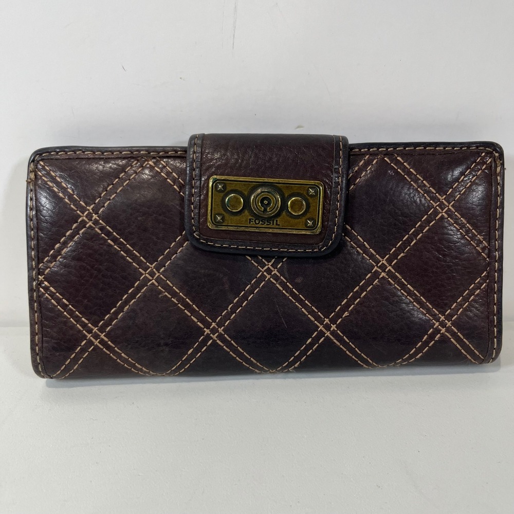 Fossil Wallet Quilted Brown Leather Contrast Stitch Bifold Boho Travel Vtg